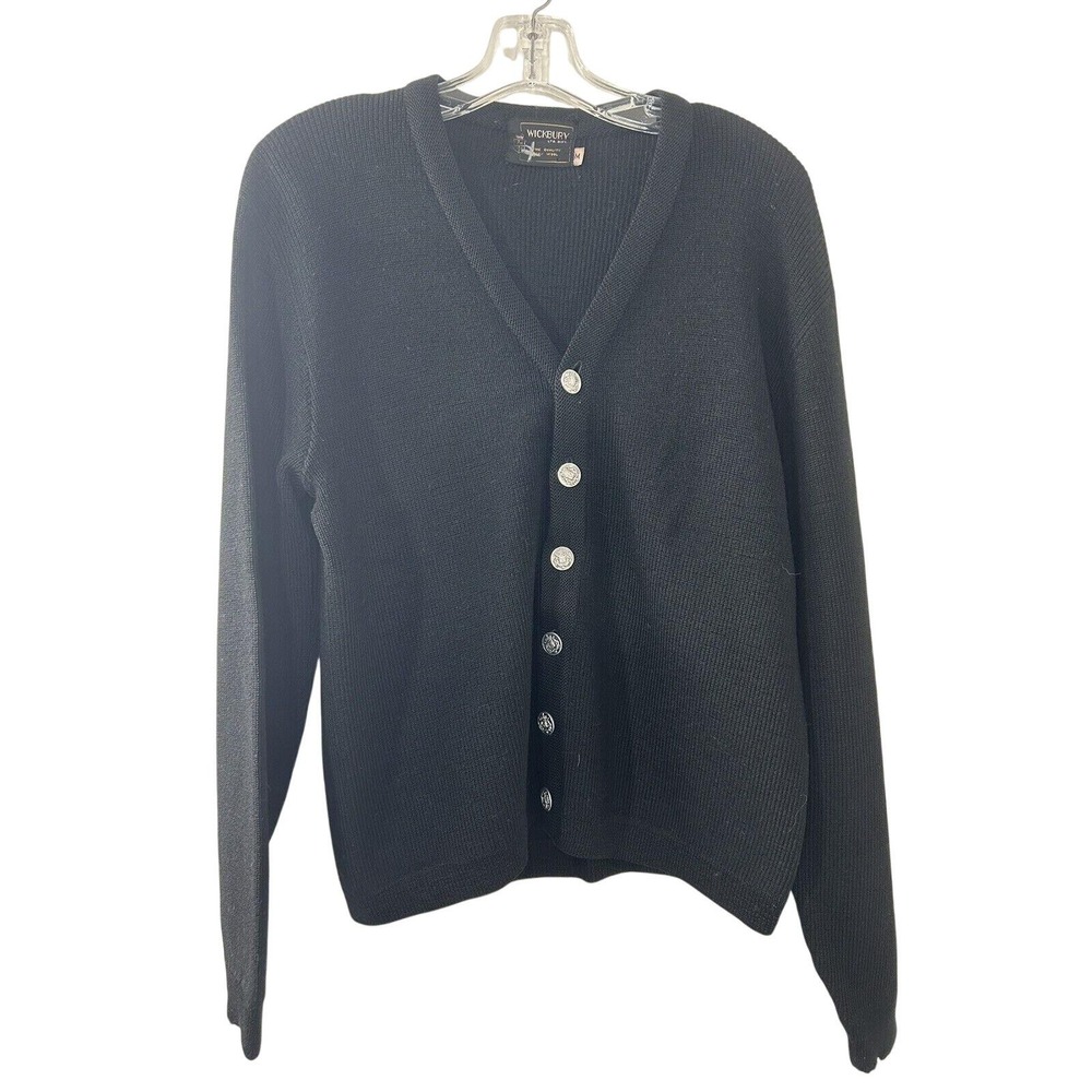 Wickbury Mens‎ Vintage Black 100% Wool V-Neck Cardigan Crest Buttons Size M